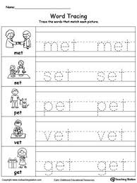 Word Tracing Et Words Three Letter Words Handwriting Worksheets For Kids Word Family Worksheets