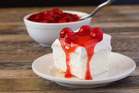 Layered Angel Food Cake Baked In A 9 X 13 Pan With A Creamy Cream Cheese Filling Top With Cherr Angel Food Angle Food Cake Recipes Angel Food Cake Mix Recipes