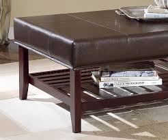 It features a round leather top with a small rectangular drawer tray. Brown Leather Top Mahogany Finish Coffee Table W Lattice Shelf