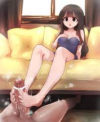 absurdres, highres, 1girl, barefoot, brown eyes, brown hair, couch, feet,  footjob, hand on own chest, long hair, open mouth, sitting, steam, toes -  Image View - | Gelbooru - Free Anime and Hentai Gallery