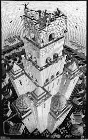 M C Escher Tower Of Babel 1928 There Is A 3 Point Perspective Here The Two Sides That Are Visible Along With The Top O Escher Art Mc Escher Tower Of Babel