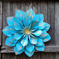 Exlarge Turquoise Blue W Gold Wall Flower 22 Large Metal Wall Flower Art Indoor Outdoor By Chicfabulousflow Flower Art Gold Wall Flower Metal Wall Flowers