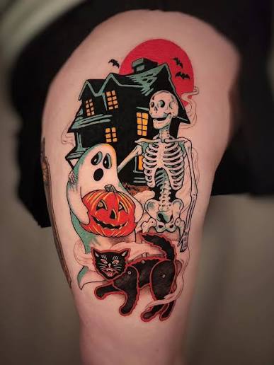 Vintage Halloween tattoo by @whitneycaskeytattoos at @artemistattoocollective in Ruston, Louisiana