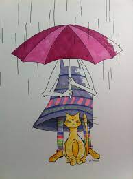 Cat And Girl In The Rain Under The Umbrella Drawing Silly Whimsical Cartoon Illustration Using Copic Sketch Umbrella Drawing Cat Art Illustration Umbrella Art