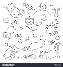 Hand Drawn Cute Unicorn Cats Flying With Stars And Clouds For Design Element And Coloring Book Page For Kids Or Teens Cat Coloring Page Coloring Pages