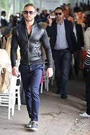 Men S Black Quilted Leather Bomber Jacket Black V Neck T Shirt Navy Chinos Black Leather Slip On Sneakers Mens Street Style Mens Fashion Mens Outfits