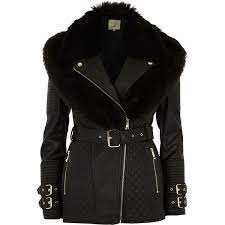 River Island Black Belted Quilted Biker Collar Coat 180 Liked On Polyvore Featuring Outerwear Denim Jacket Women Coats Jackets Women Winter Jackets Women