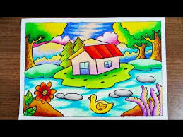Lukisan indah yang menceritakan suasana desa yang permai dan damai. Mewarnai Dengan Crayon 12 Warna Menggambar Pemandangan Rumah Dan Danau Drawing Scenery Of House Cute766