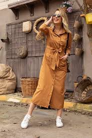 Maxi Boy Cepli Gomlek Elbise Acik Kahverengi Uzun Elbise Gomlek Elbise Elbise