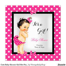 Cute Baby Shower Girl Hot Pink Black Brunette 5 25x5 25 Square Paper Invitation Card