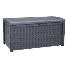 The shed roof and siding are constructed of a durable resin and a floor is included for extra strength and security. Keter Borneo Outdoor Resin Deck Storage Box Bin Organizer For Patio Furniture Cushions And Pool Toys With Wicker Rattan Design 110 Gallon Grey Target