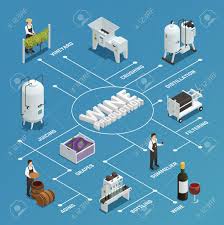 wine production process isometric flowchart with grapes crushing