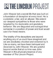 In its statement, the lincoln project said any person who believes they are unable to talk about john weaver publicly because they are bound by an nda should contact the lincoln and that i have a wife and two kids who i love. Mwvlm960xcp Hm