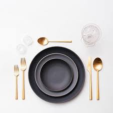 Unusal Table Setting With Golden Cutlery Black Grey Plates Modern Tablescape Plates Marble Tray