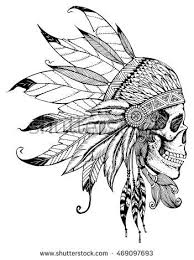Indian Skull With Headdress Of Feathers The Leader Of A Tribe Of Indians Totem Line Art Black And Indian Headdress Tattoo Indian Skull Indian Skull Tattoos