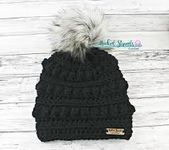 Black Beanie With Pom Pom Womens Crochet Black Beanie Beanie With Fur Pom Pom Womens Bobble Black Beanie Fur Pom Pom Crochet Hat For Women