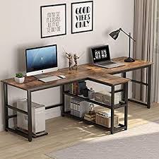 Amazon Com Tribesigns 94 5 Inch Computer Desk Extra Long Two Person Desk With Storage Shelves Double Worksta In 2020 Home Desk Home Office Layouts Home Office Setup