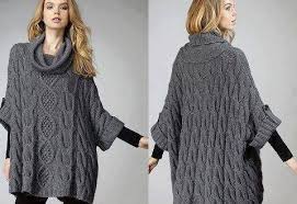 Gri Bayan Orgu Panco Knitted Poncho Long Sweater Tunic Grey Long Sweater