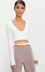 Black And White Crop Top Long Sleeve Black Slinky Long Sleeve Tie Waist Crop Top In 2020 Trendy Fashion Tops Cute Crop Tops Long Sleeve Wrap Top