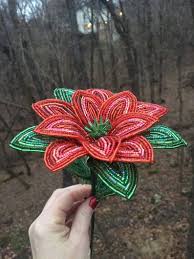 Shades Of Red And Green French Beaded Poinsettia Inspired Etsy In 2021 Beaded Flowers Patterns Beaded Flowers French Beaded Flowers