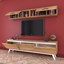 Rani D1 Duvar Rafli Kitaplikli Tv Unitesi Duvara Monte Dolapli Ahsap Ayakli Tv Sehpasi Ceviz Beyaz M4 Mobilya Yatak Odasi Tv Ev Ic Tasarimi