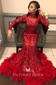 Red Sequin With Feather Hemline Mermaid Prom Dress Black Girl Prom Dresses Feather Prom Dress Prom Dresses Long With Sleeves