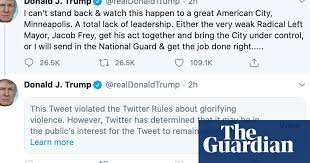 As a world leader, that means that twitter won't delete his the company has already confirmed that should he lose the election (which he's just done), trump will lose special protections on twitter come biden's. Twitter Hides Donald Trump Tweet For Glorifying Violence Twitter The Guardian
