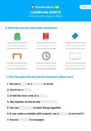 Related to classroom objects words but some different words matching sentence halves. Classroom Objects Flashacademy