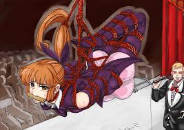 haneoka meimi, saint tail, kaitou saint tail, highres, arms behind back,  bare shoulders, bdsm, bit gag, bondage, bound, bow, brown eyes, brown hair,  cross, cross necklace, elbow gloves, faceless, faceless male, formal