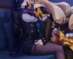 kaiyamon, clorinde (genshin impact), navia (genshin impact), genshin  impact, highres, 2girls, arms behind back, ascot, bare shoulders, black  skirt, blonde hair, blue ascot, blue hair, bound, bound arms, bow, corset,  detached sleeves,