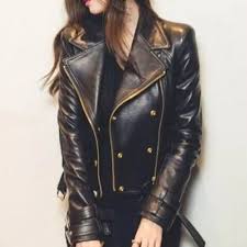 Black And Gold Motorcycle Jacket New Fitted Black Leather Moto Jacket New Fitted Black Leather Moto Jacket Genuine Lambskin B Leather Jackets Women Fitted Biker Jacket Black Biker Jacket