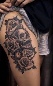 See more ideas about skull rose tattoos, skull, rose tattoos. Black Ink Skull With Roses And Pocket Watch Tattoo On Thigh