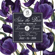 Unfollow purple wedding invitations to stop getting updates on your ebay feed. Wedding Invitation Card Template Design With Dark Blue Tulips Flowers Modern Realistic Style Hand Drawn Floral Elements For Save The Date Card Template Vector Spring Flowers Vintage High Detail Royalty Free Cliparts
