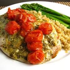 Parmesan Crusted Pesto Tilapia With Roasted Tomatoes Recipes Pesto Tilapia Seafood Recipes