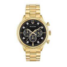 From automatic to high performance quartz watches, we are committed to advancing the art of watchmaking. Men S Bulova Diamond Accent Gold Tone Chronograph Watch With Black Dial Model 97d119 Peoples Jewellers
