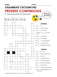 Printable crossword puzzles (with related practice) investigation words crossword & answers, nl 1, (be a word detective) goals for success crossword & answers , nl 3, ( vocabulary for achievement, english words for success ) classical roots crossword & answers , nl 5, ( vocabulary from classical roots, words from greek and latin roots) writing. English Grammar Crossword Present Continuous