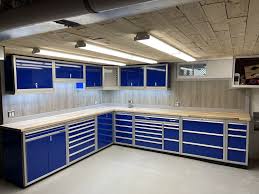 Get free shipping on qualified moduline garage cabinets or buy online pick up in store today in the storage & organization department. Moduline Blue Pro Aluminum Cabinets Located In Basement Toolbox Overhead Butcherblock Countertop In 2021 Aluminum Cabinets Garage Cabinets Butcher Block Countertops