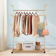 Rolanstar clothing garment rack, heavy duty clothes rack with wooden shelf, double rod closet rack with wheels, metal clothing rack for living room, entryway, bedroom. Movable Coat Rack Shoes Rack Wooden Clothing Hanging Rack Bamboo Garment Clothes Shelf Home Office Furniture Sale Banggood Com