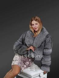 Fox Fur Crop Coat for Women in Silver Fox