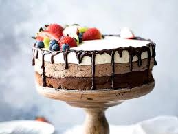 If needed, smooth the sides of the cake using an offset spatula, and place cake on a serving plate. Triple Layer Chocolate Mousse Cake