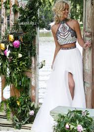 Sherri Hill 50075 Ivory Printed Crop Top 2 Piece Gown Prom Dresses Long Sherri Hill Prom Dresses Piece Prom Dress