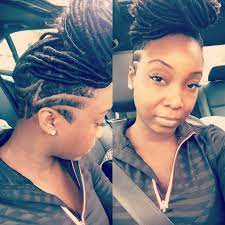 Randi Sheri Goddess Locs In A Bun With Design On The Sides Braids With Shaved Sides Hair Styles Short Hair Styles
