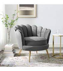 Lsspaid velvet accent chairs, fabric upholstered chairs, curved tufted chairs, modern armchairs with golden finished metal legs for living room bedroom home office, navy blue, set of 1. Grey Velvet Round Back Petals Gold Legs Armchair