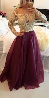 Long Sleeves Prom Dresses Gold Illusion Lace Beaded Burgundy A Line Gorgeous Evening Gowns Maroon Prom Dress Prom Dresses Long With Sleeves Prom Dresses With Sleeves