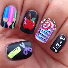 Colored Pencil Apple Graded Paper Chalkboard Ruler Scissors Nails Back To School Nails Nail Art For Girls School Nails