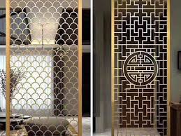 This room divider comes with 2 foldable panels and is constructed on a wooden frame, featuring gold color square pattern with shell buttons that accentuate its style. Interior Decoration Panel Laser Cut Garden Rose Gold Room Divider Foshan Meibaotai Stainless Steel Products Co Ltd