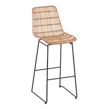 It is available in a cherry, natural, espresso, or weathered gray finish and a bone, saddle, or black bonded leather seat. Emily Natural Wicker Black Metal Barstool