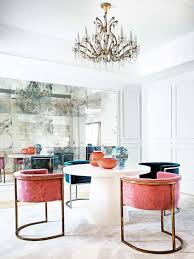 Glamorous Dining Room With Pink Velvet Dining Chairs And Mirrored Wall On Thou Swell Thouswellb Glamourous Dining Room Velvet Dining Chairs Modern Dining Room