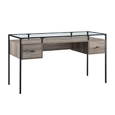 It features a polished, beveled safety glass surface that hints at the premium quality of this desk. 56 Inch 2 Drawer Glass Top Desk Grey Wash By Walker Edison