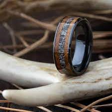 Deer Antler Wedding Band With Whiskey Barrel Oak In Black Ceramic 3764 In 2021 Deer Antler Wedding Band Antler Wedding Band Blue Wedding Rings